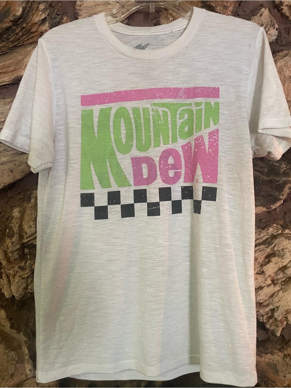 Vintage style* Mountain Dew Graphic soft Tee - White with Pink & Green Logo